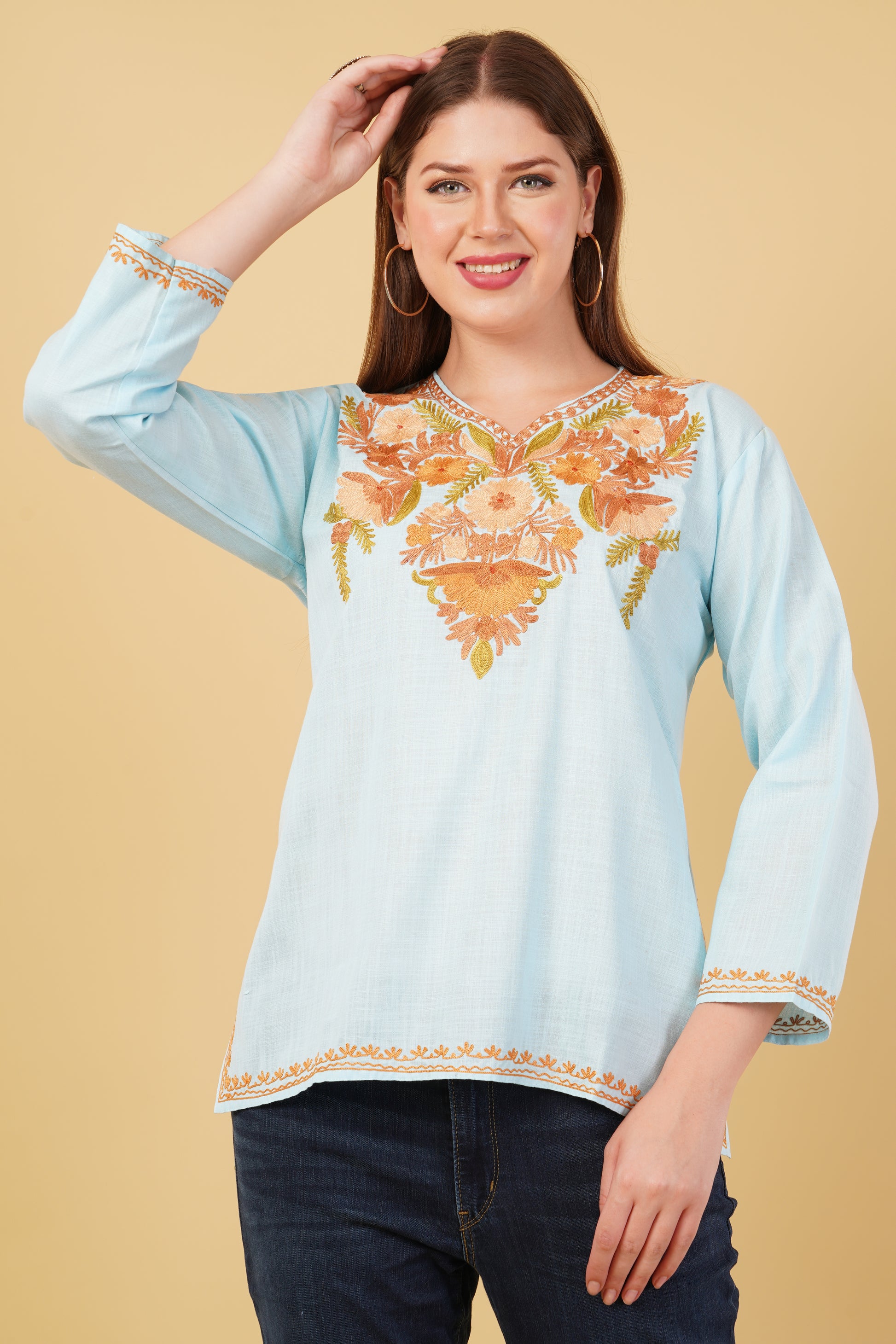 Kashmiri Aari embroidery Cotton Short Kurti Size-42(Sky Blue)