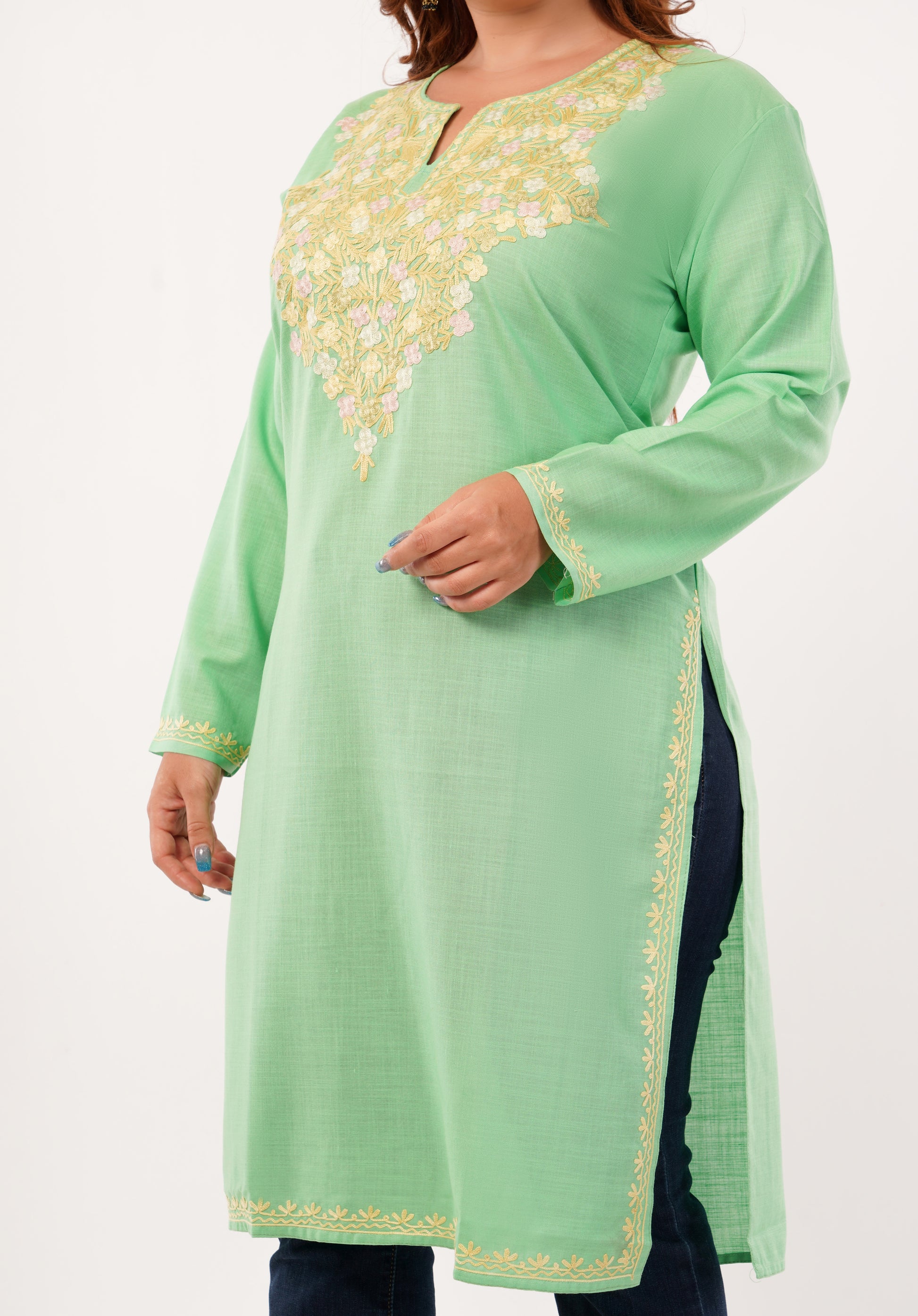 Kashmiri Aari embroidery Cotton Long Kurti Size-46(Green)