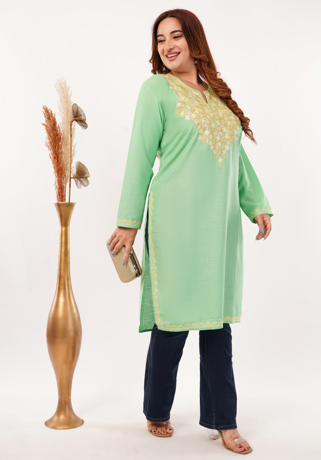 Kashmiri Aari embroidery Cotton Long Kurti Size-46(Green)