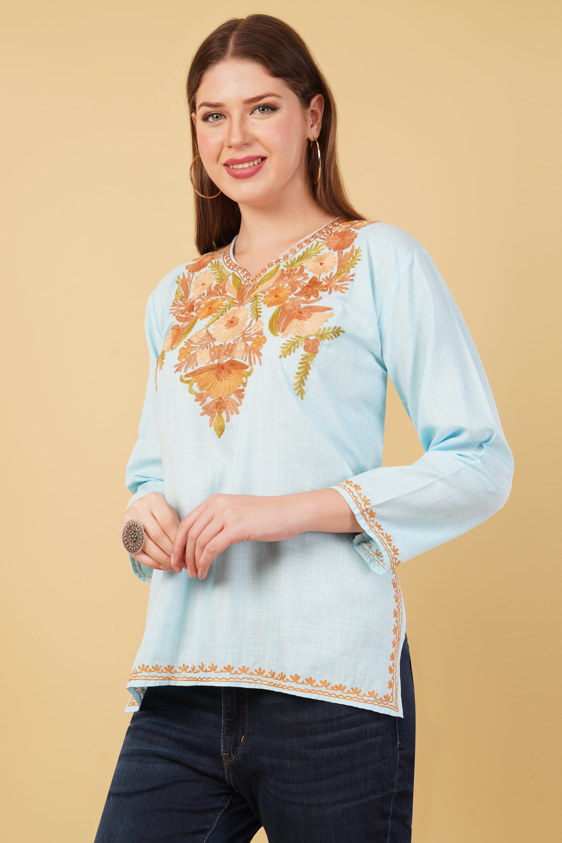 Kashmiri Aari embroidery Cotton Short Kurti Size-42(Sky Blue)