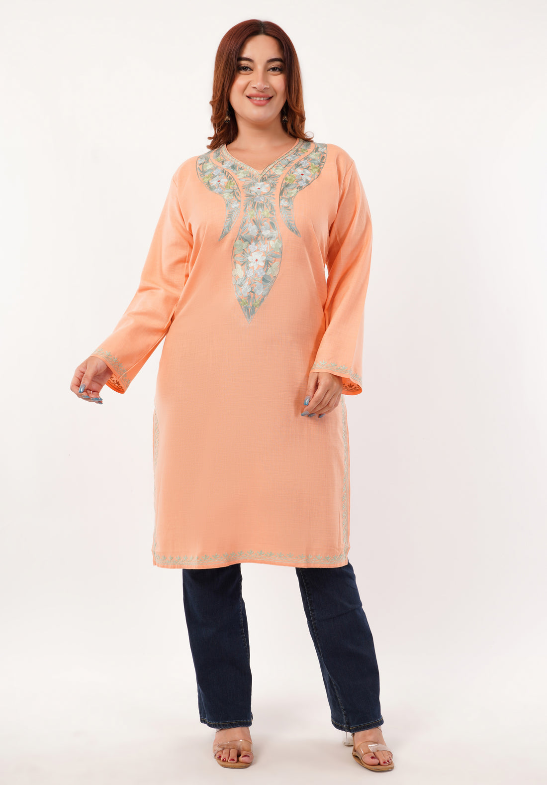 Kashmiri Aari embroidery Cotton Long Kurti Size-46(Peach)