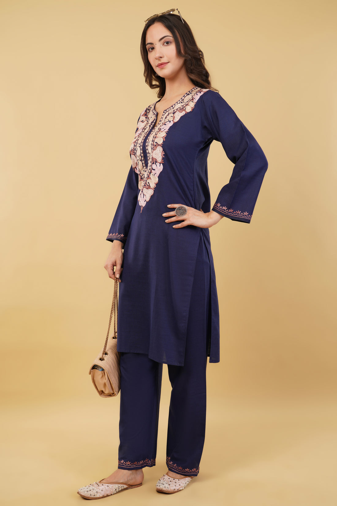 Kashmiri Aari embroidery Cotton Co-ord set Size-36 (Navy Blue)