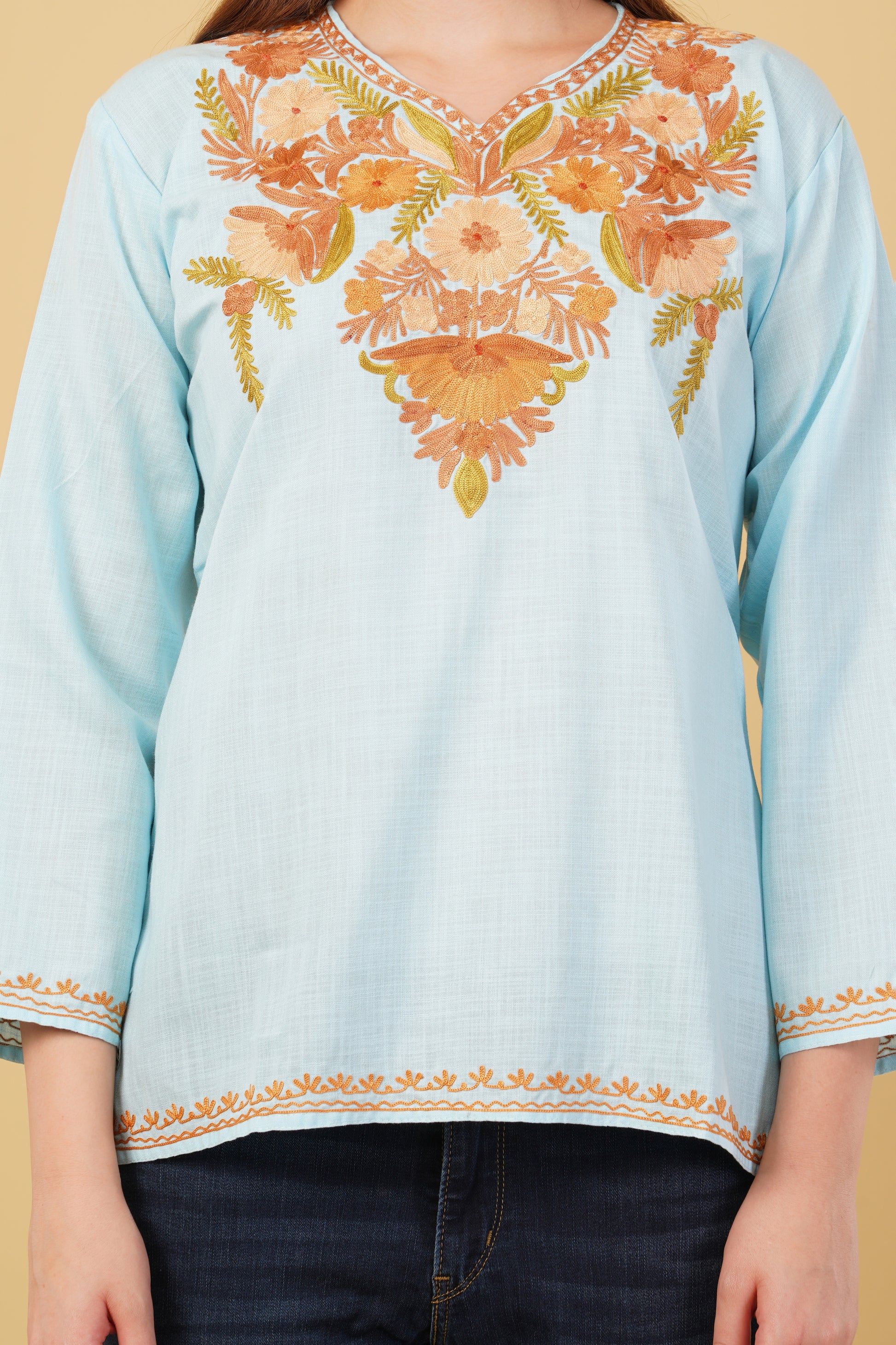 Kashmiri Aari embroidery Cotton Short Kurti Size-42(Sky Blue)