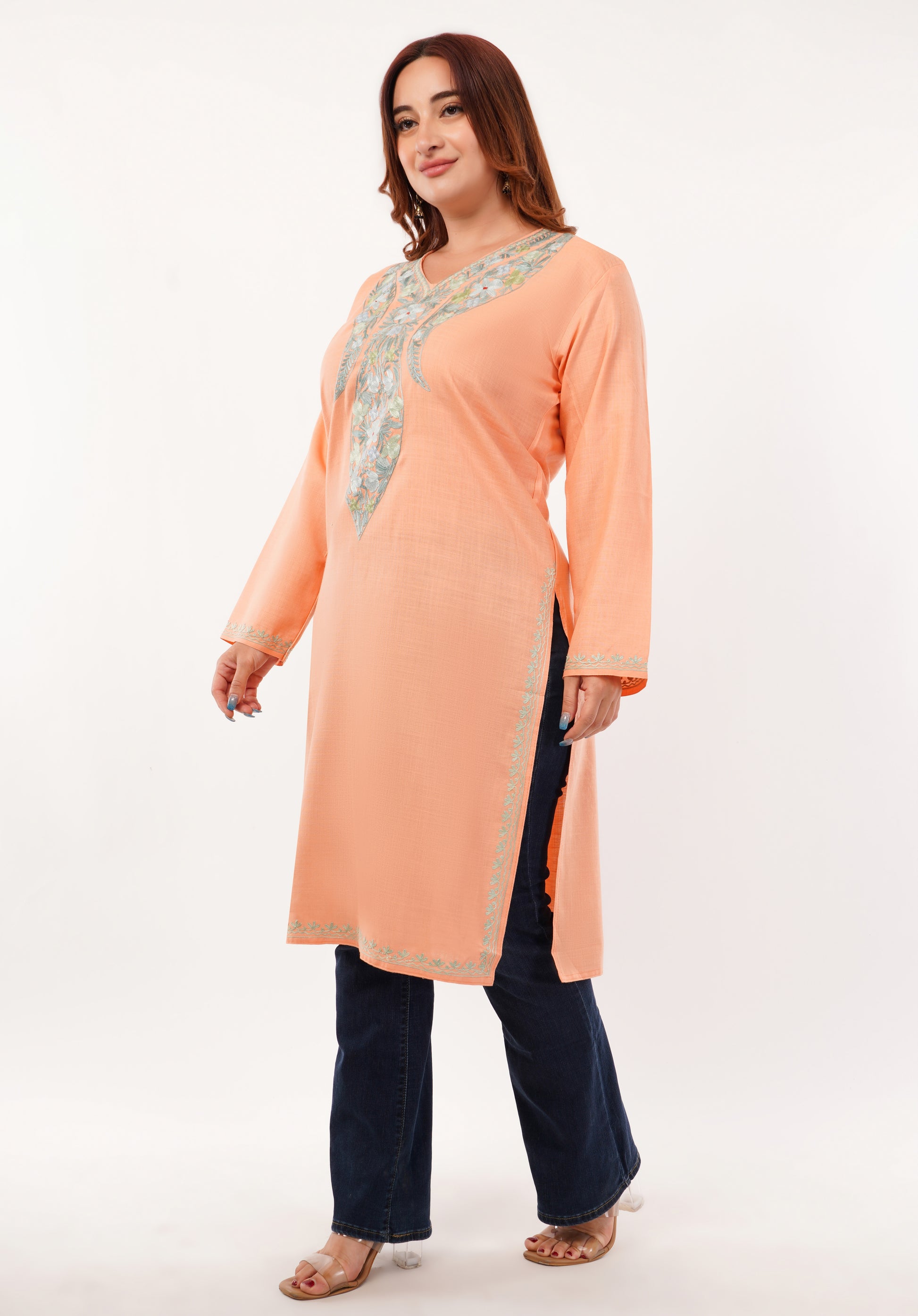 Kashmiri Aari embroidery Cotton Long Kurti Size-46(Peach)