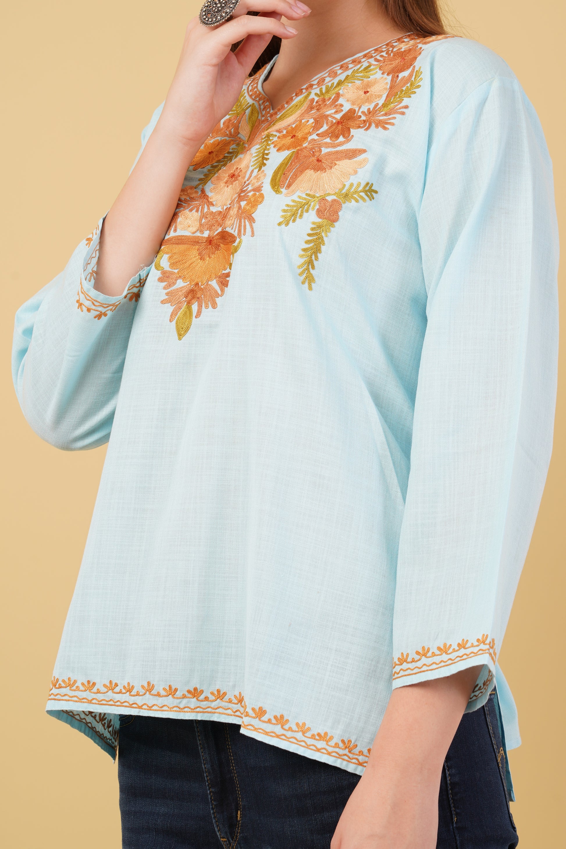 Kashmiri Aari embroidery Cotton Short Kurti Size-42(Sky Blue)