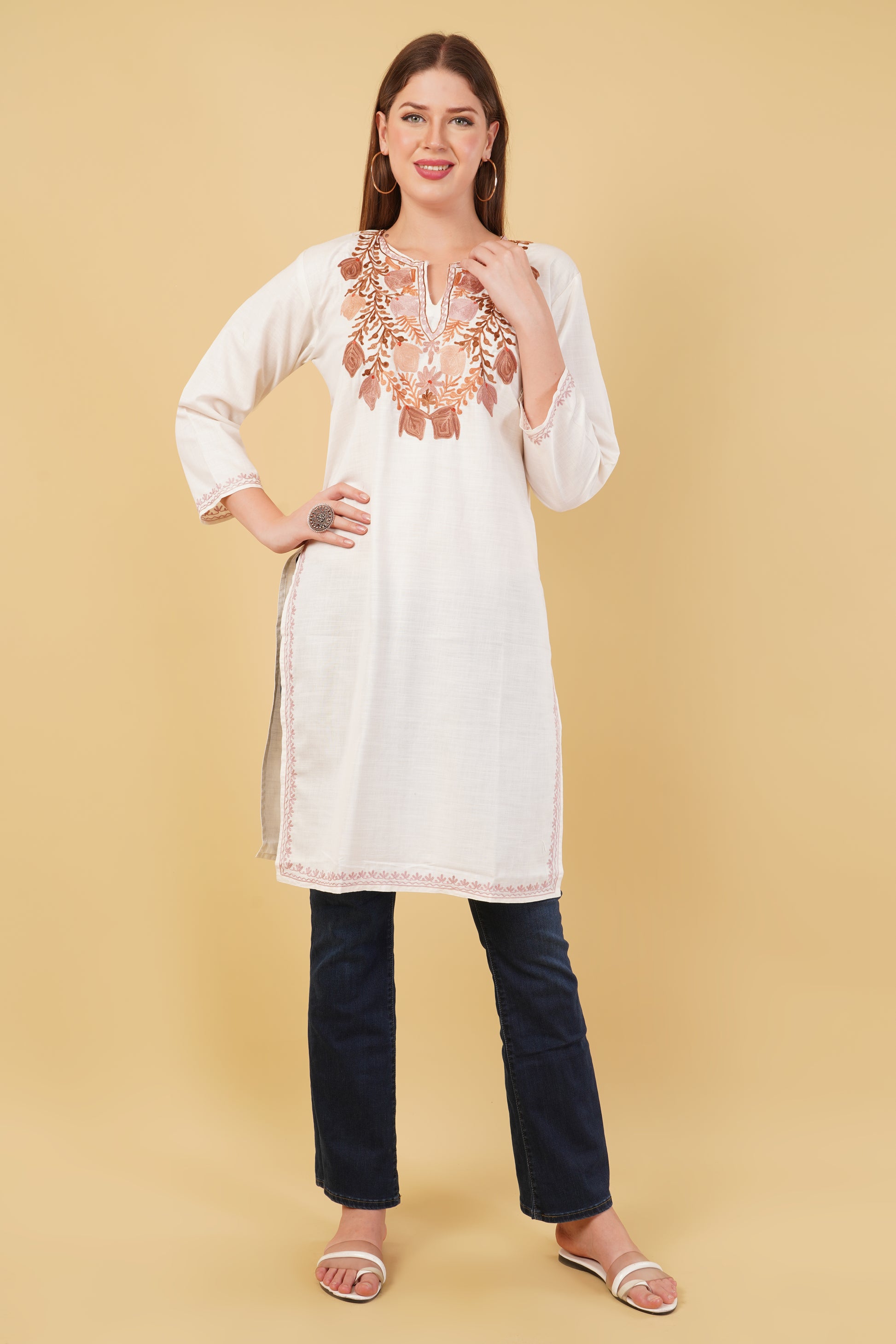 Kashmiri Aari embroidery Cotton Long Kurti Size-42 (White)