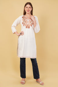 Kashmiri Aari embroidery Cotton Long Kurti Size-42 (White)
