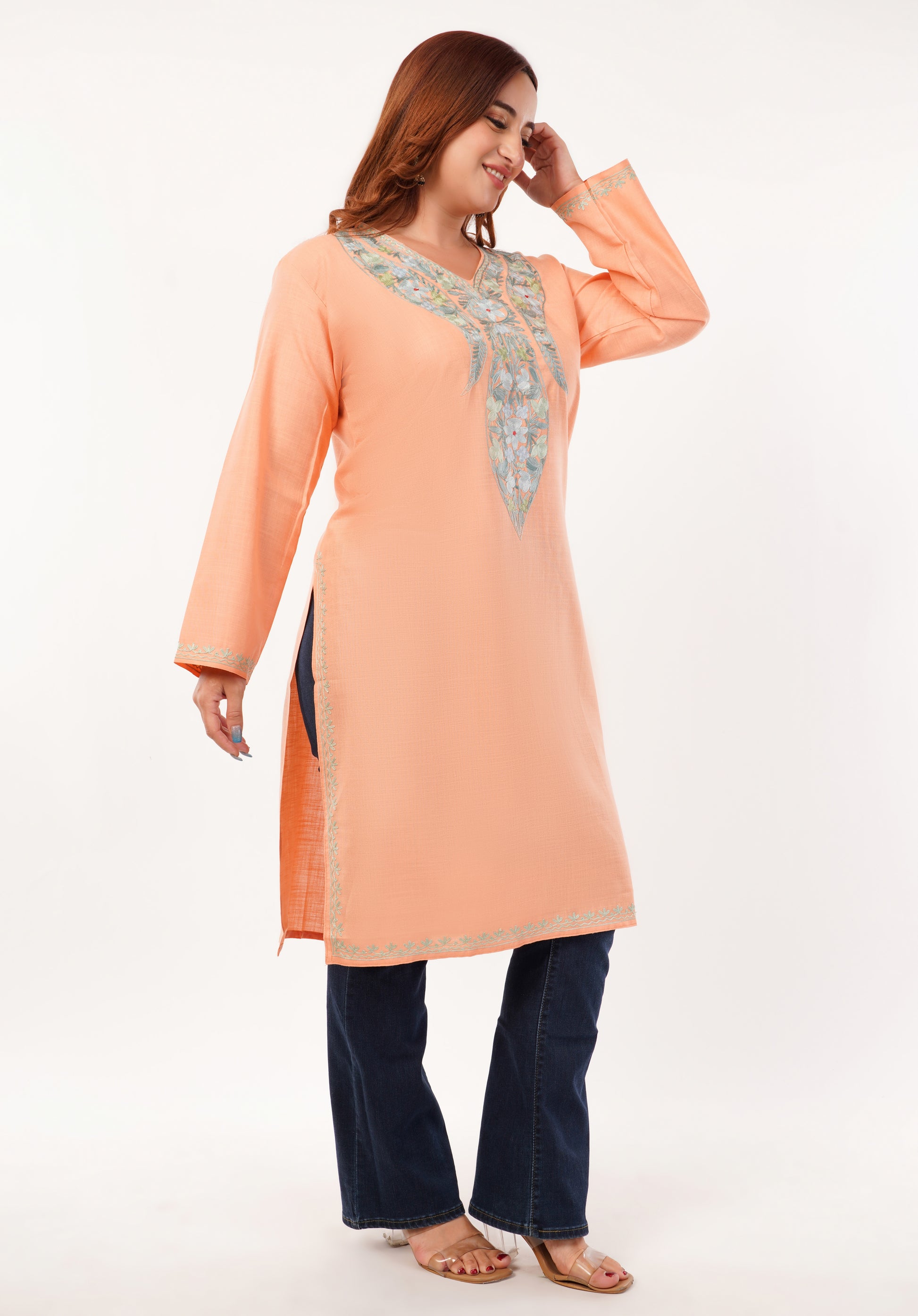 Kashmiri Aari embroidery Cotton Long Kurti Size-46(Peach)