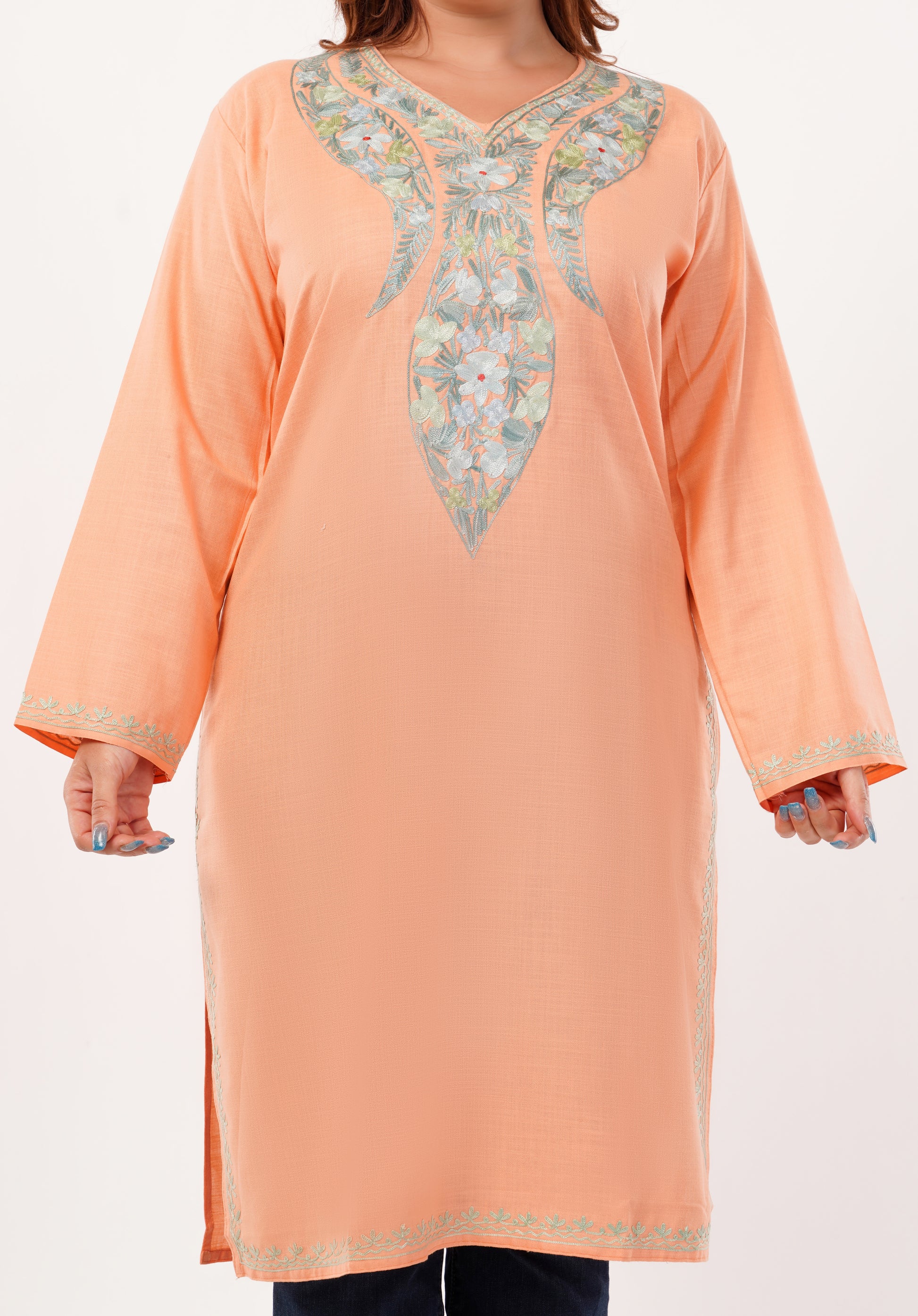 Kashmiri Aari embroidery Cotton Long Kurti Size-46(Peach)