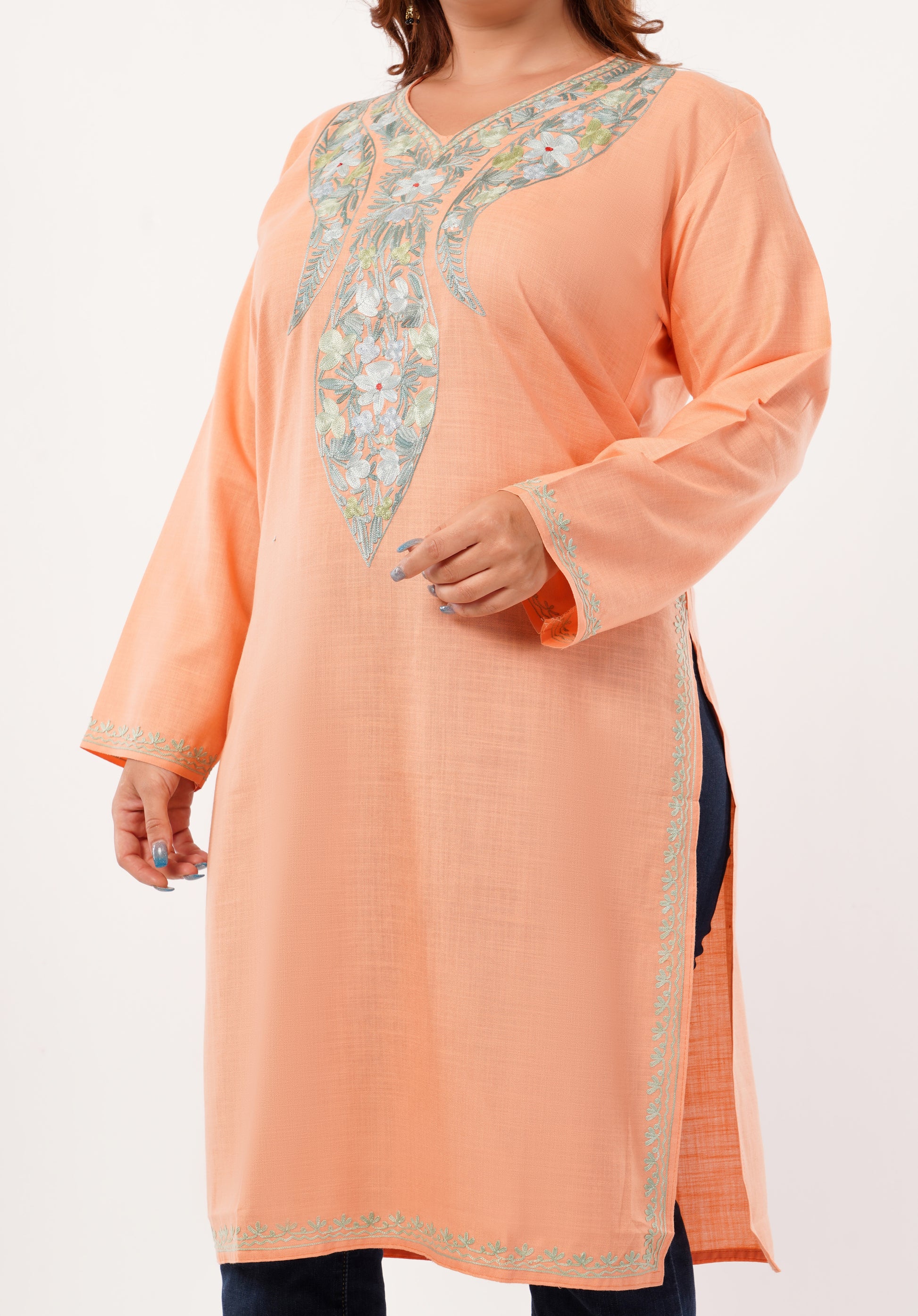 Kashmiri Aari embroidery Cotton Long Kurti Size-46(Peach)