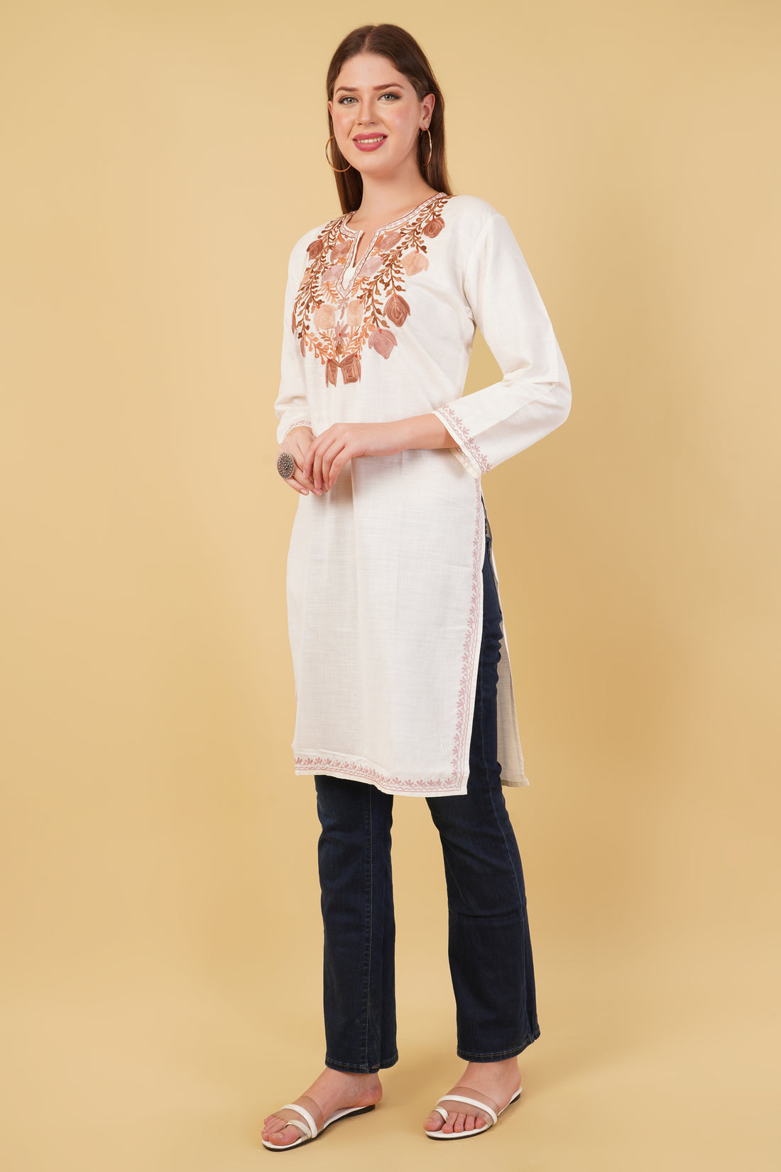 Kashmiri Aari embroidery Cotton Long Kurti Size-42 (White)