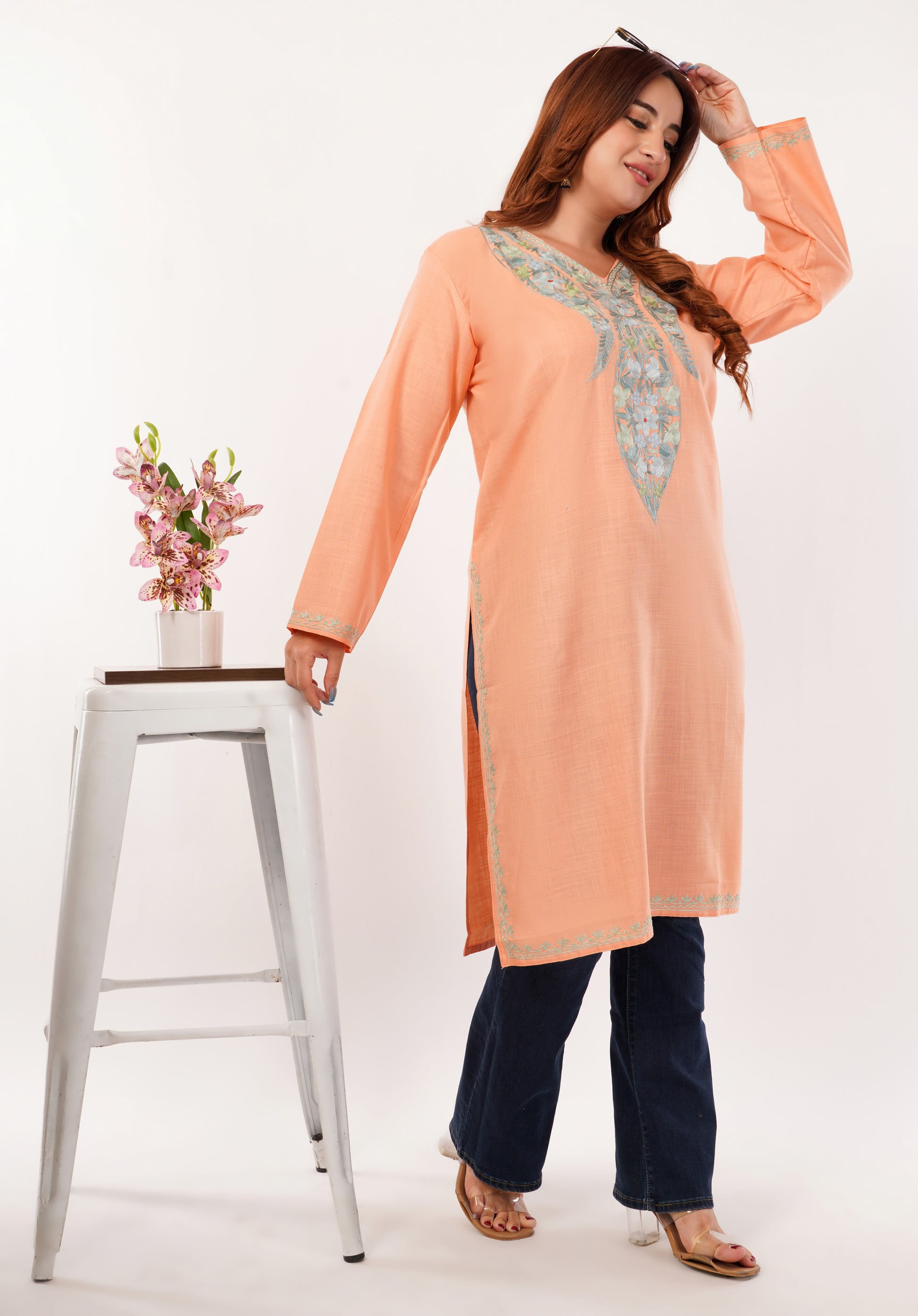 Kashmiri Aari embroidery Cotton Long Kurti Size-46(Peach)