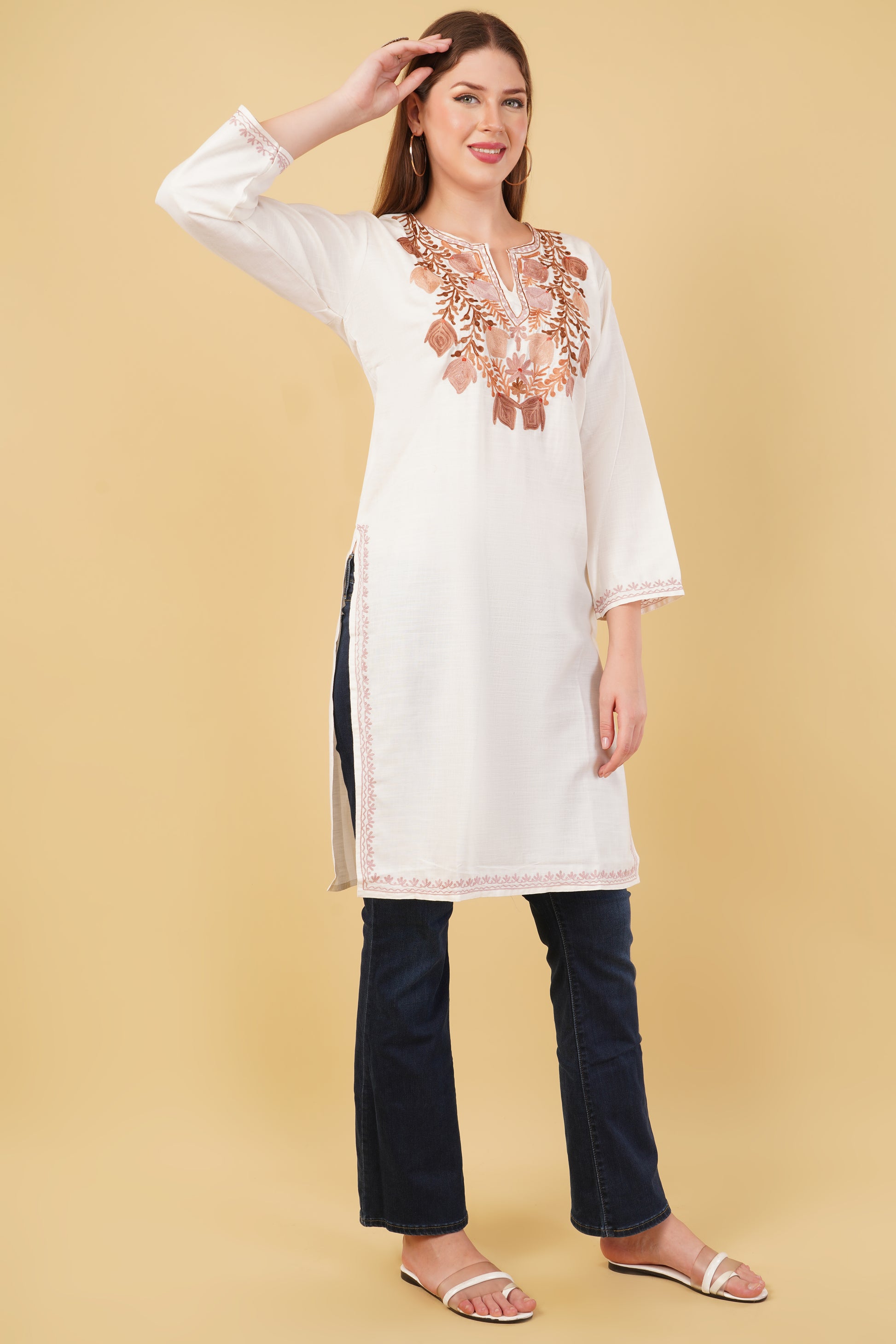 Kashmiri Aari embroidery Cotton Long Kurti Size-42 (White)