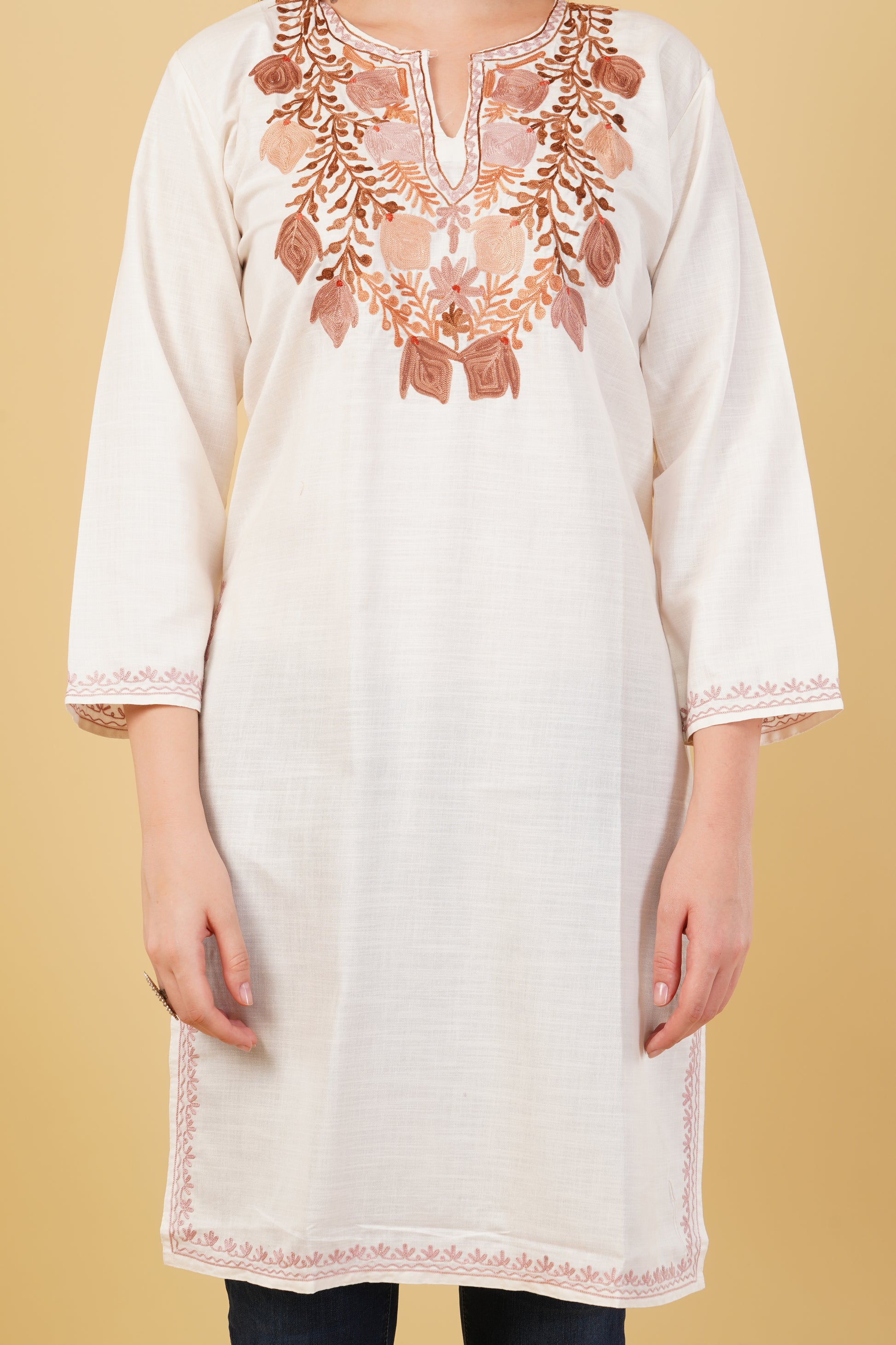 Kashmiri Aari embroidery Cotton Long Kurti Size-42 (White)