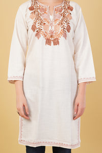 Kashmiri Aari embroidery Cotton Long Kurti Size-42 (White)