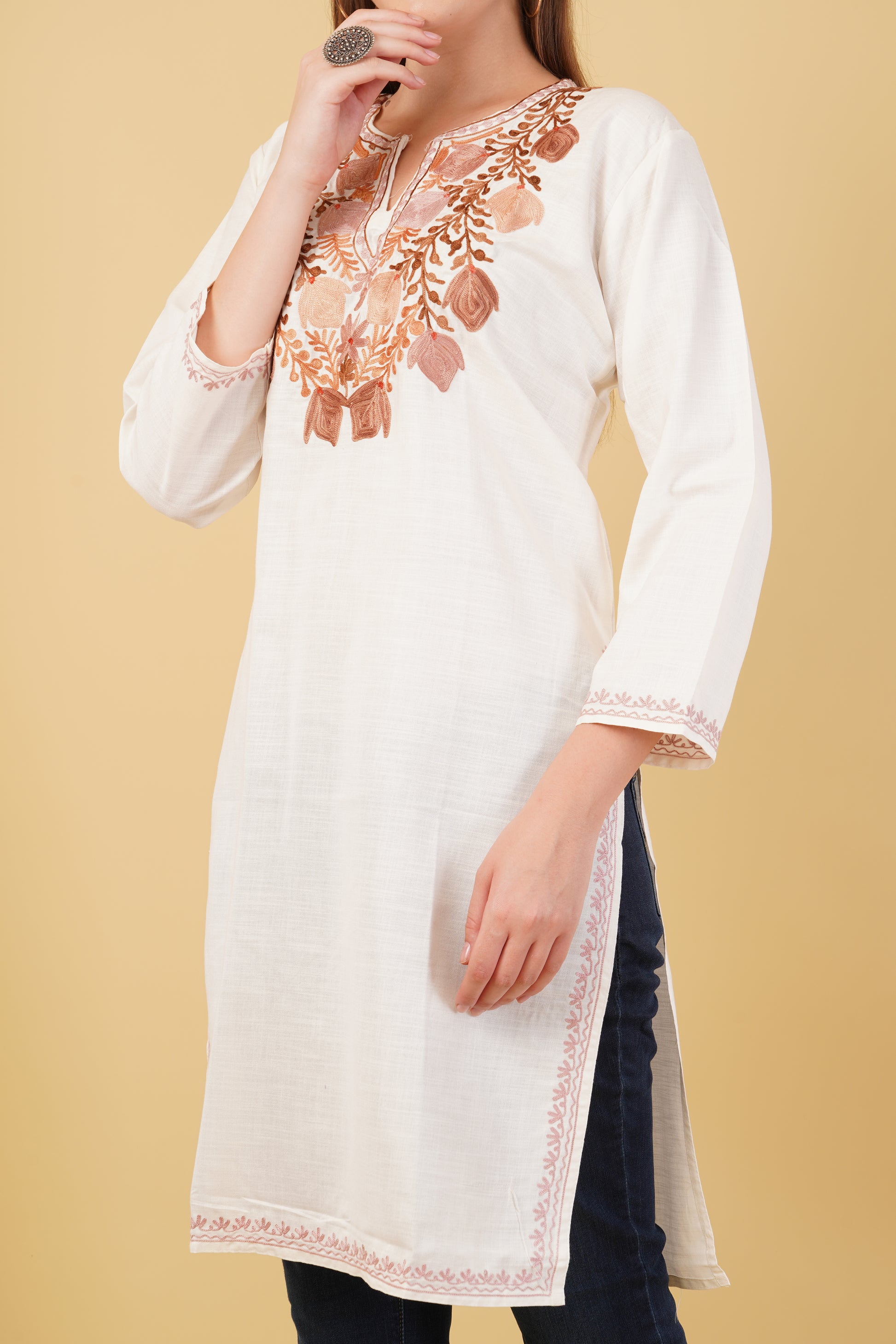Kashmiri Aari embroidery Cotton Long Kurti Size-42 (White)