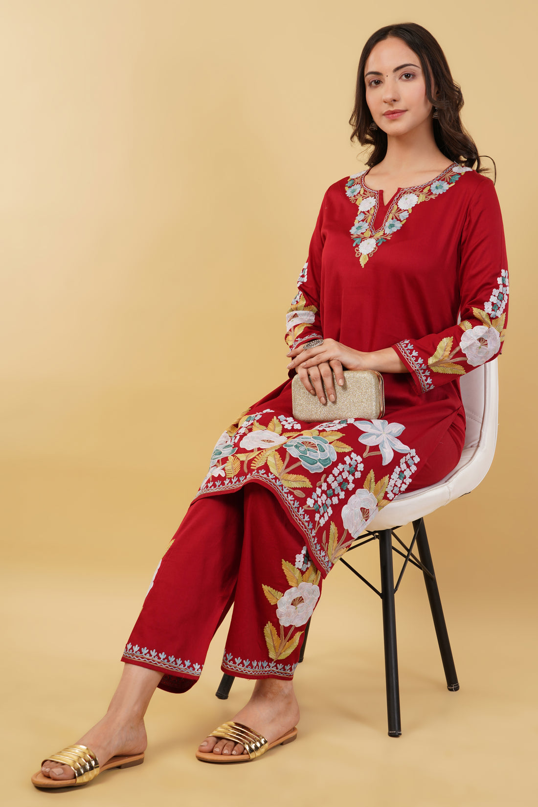 Kashmiri Aari embroidery Jaam Cotton Co-ord set Size-38 (Red)