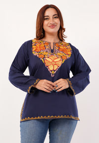 Kashmiri Aari embroidery Cotton Short Kurti Size-46 (Navy Blue)