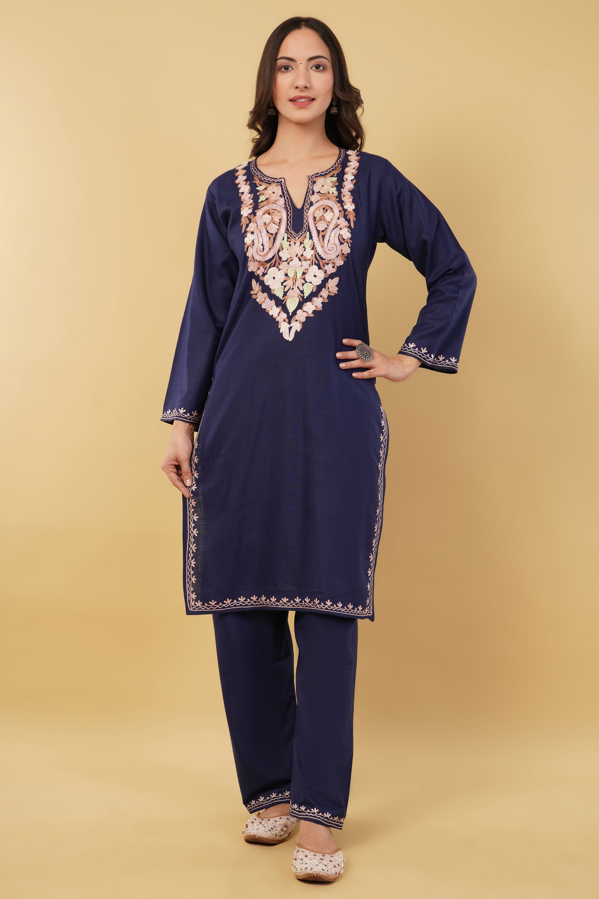 Kashmiri Aari embroidery Cotton Co-ord set Size-36 (Navy Blue)