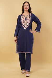 Kashmiri Aari embroidery Cotton Co-ord set Size-36 (Navy Blue)
