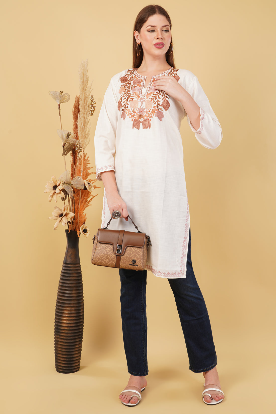 Kashmiri Aari embroidery Cotton Long Kurti Size-42 (White)