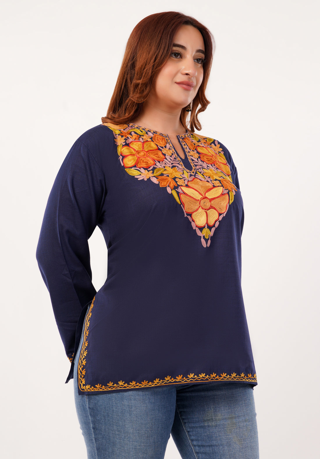 Kashmiri Aari embroidery Cotton Short Kurti Size-46 (Navy Blue)