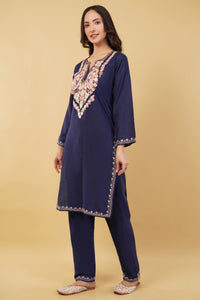 Kashmiri Aari embroidery Cotton Co-ord set Size-36 (Navy Blue)