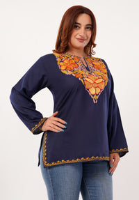 Kashmiri Aari embroidery Cotton Short Kurti Size-46 (Navy Blue)