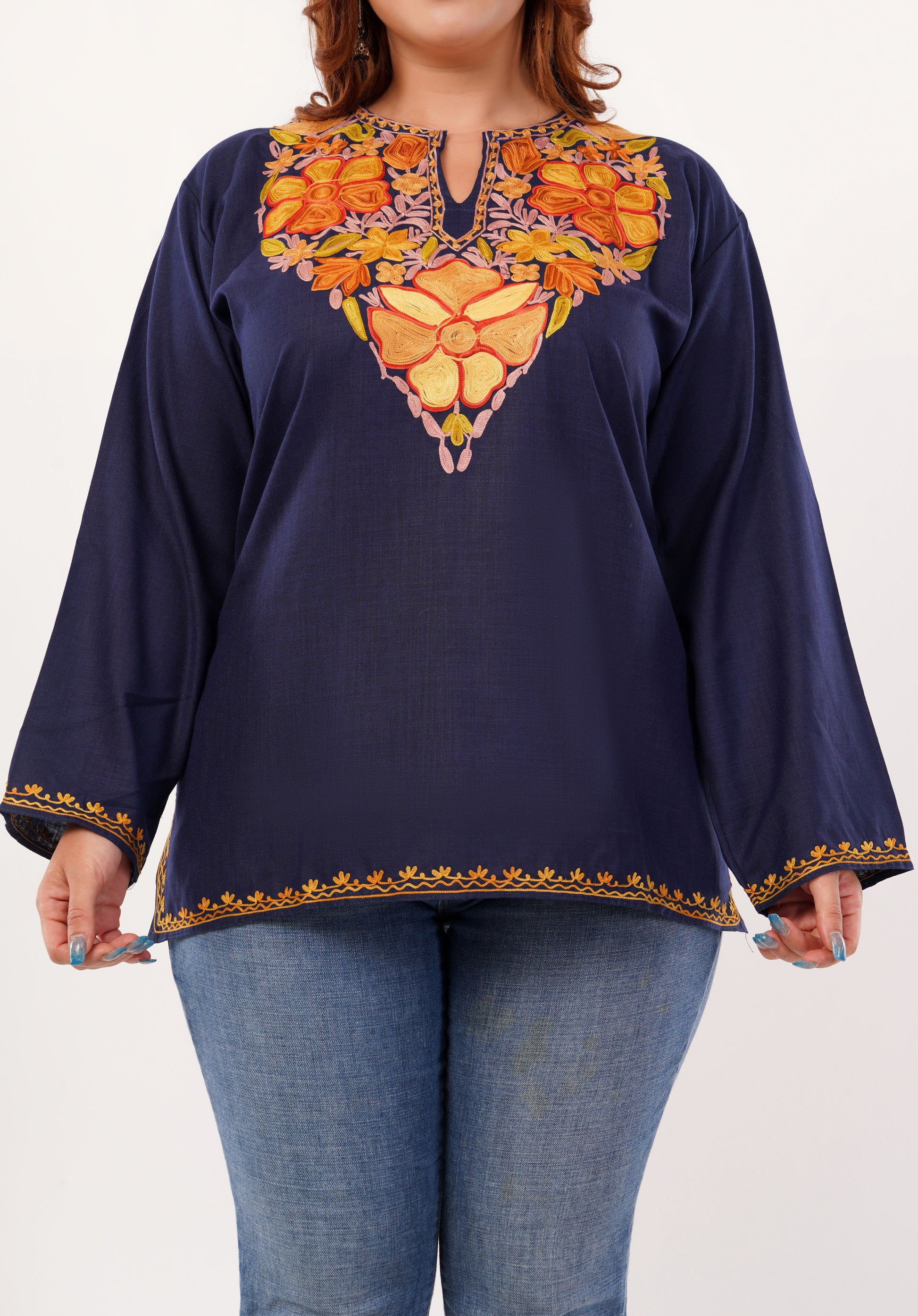 Kashmiri Aari embroidery Cotton Short Kurti Size-46 (Navy Blue)