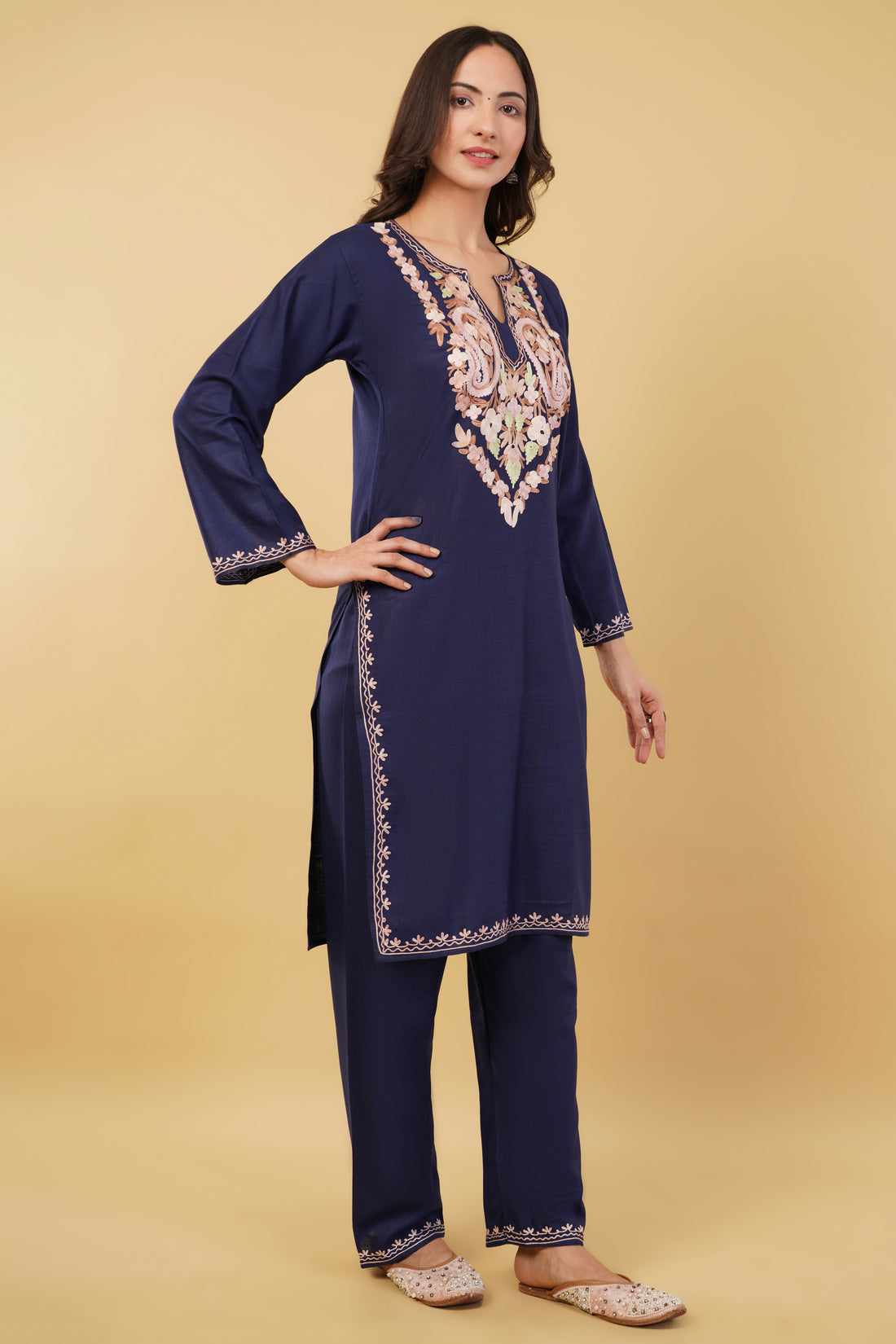 Kashmiri Aari embroidery Cotton Co-ord set Size-36 (Navy Blue)