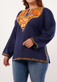 Kashmiri Aari embroidery Cotton Short Kurti Size-46 (Navy Blue)