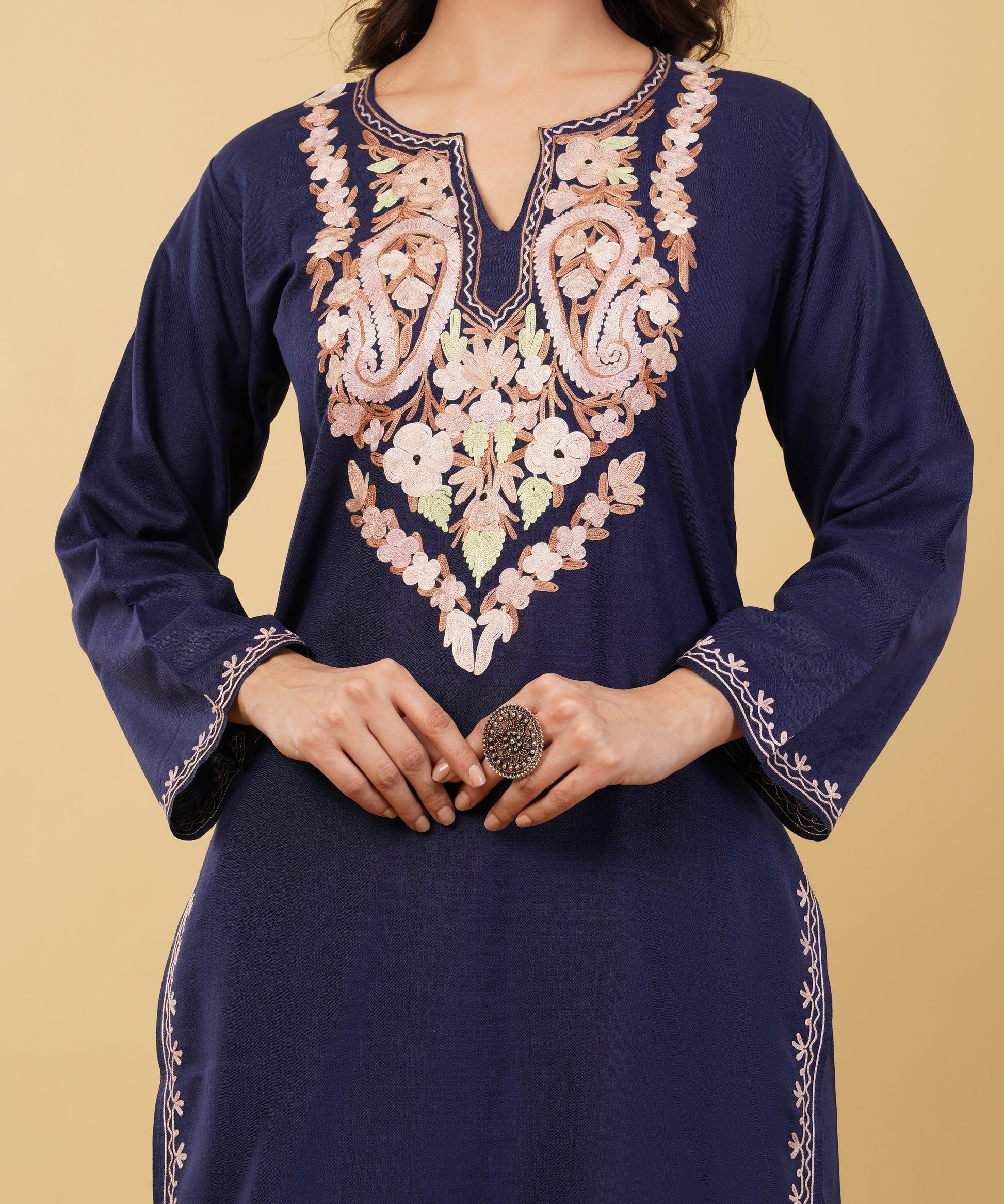 Kashmiri Aari embroidery Cotton Co-ord set Size-36 (Navy Blue)