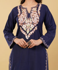 Kashmiri Aari embroidery Cotton Co-ord set Size-36 (Navy Blue)