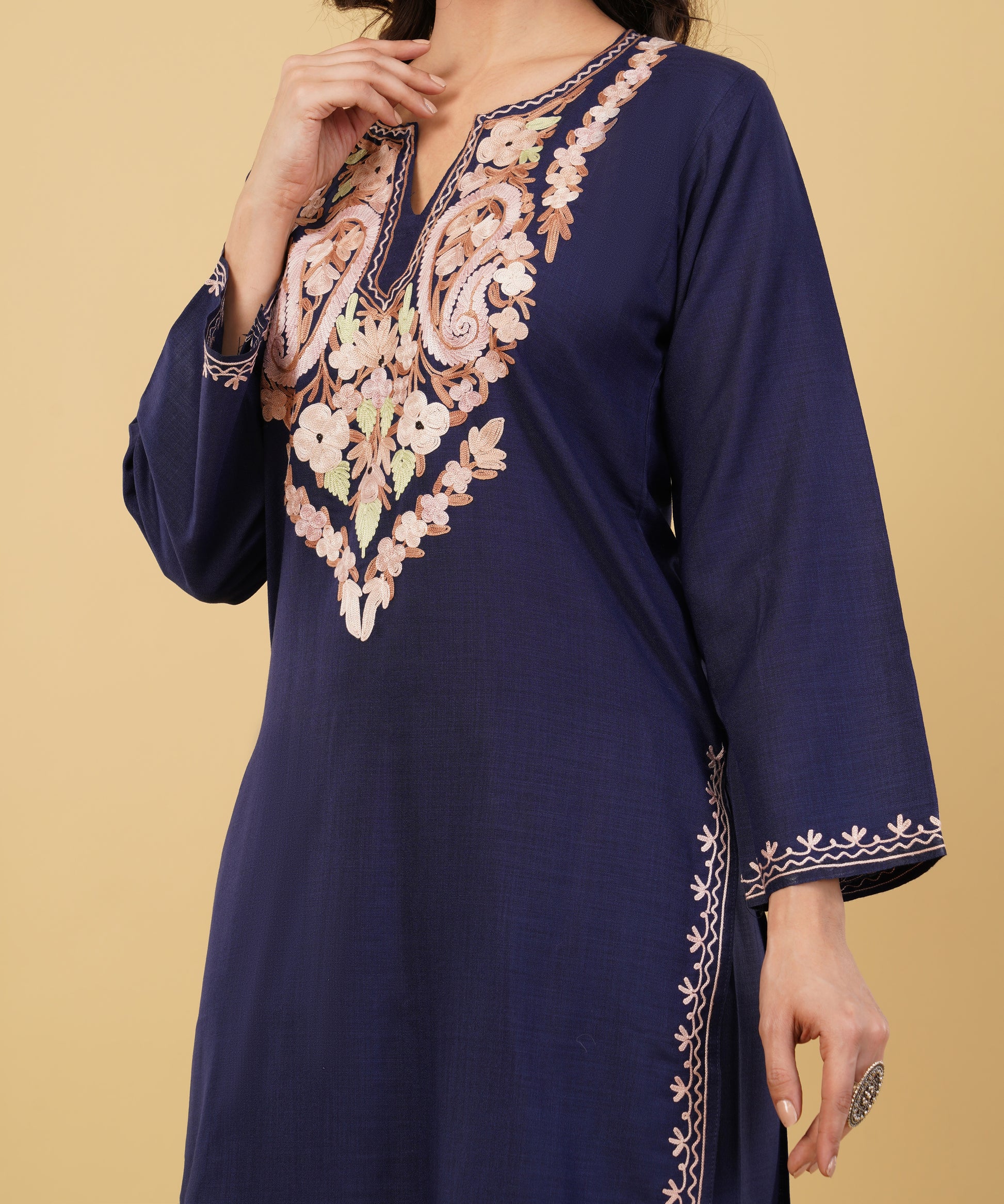 Kashmiri Aari embroidery Cotton Co-ord set Size-36 (Navy Blue)