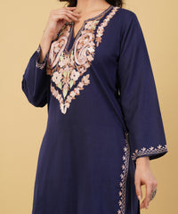 Kashmiri Aari embroidery Cotton Co-ord set Size-36 (Navy Blue)