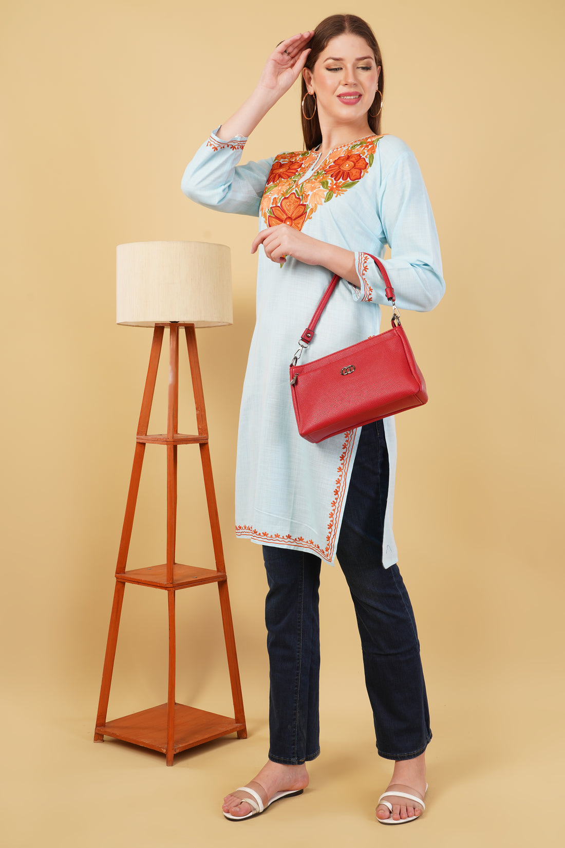 Kashmiri Aari embroidery Cotton Long Kurti Size-42 (Sky Blue)
