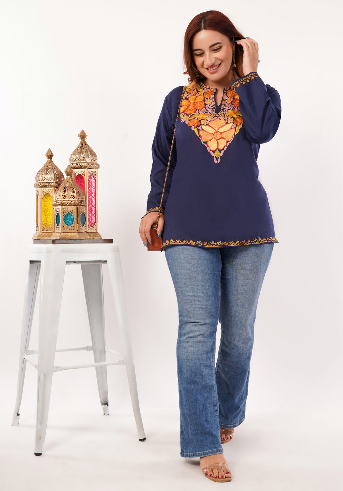 Kashmiri Aari embroidery Cotton Short Kurti Size-46 (Navy Blue)