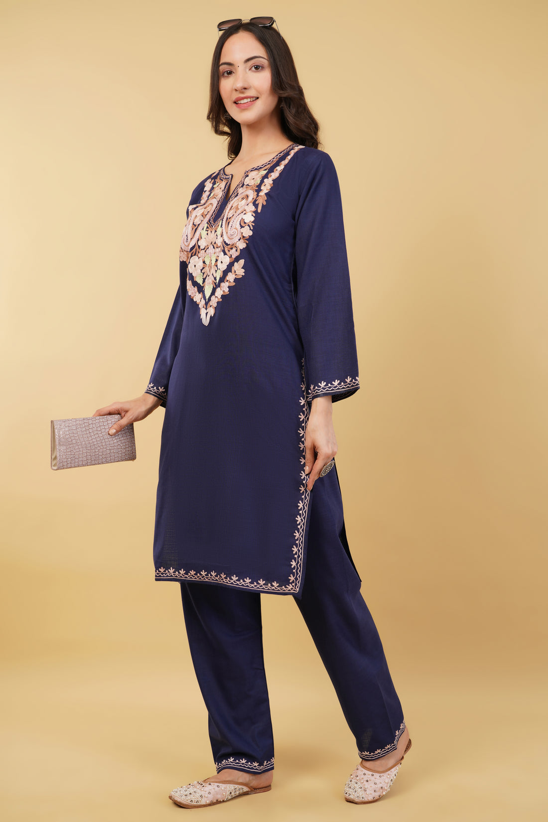 Kashmiri Aari embroidery Cotton Co-ord set Size-36 (Navy Blue)