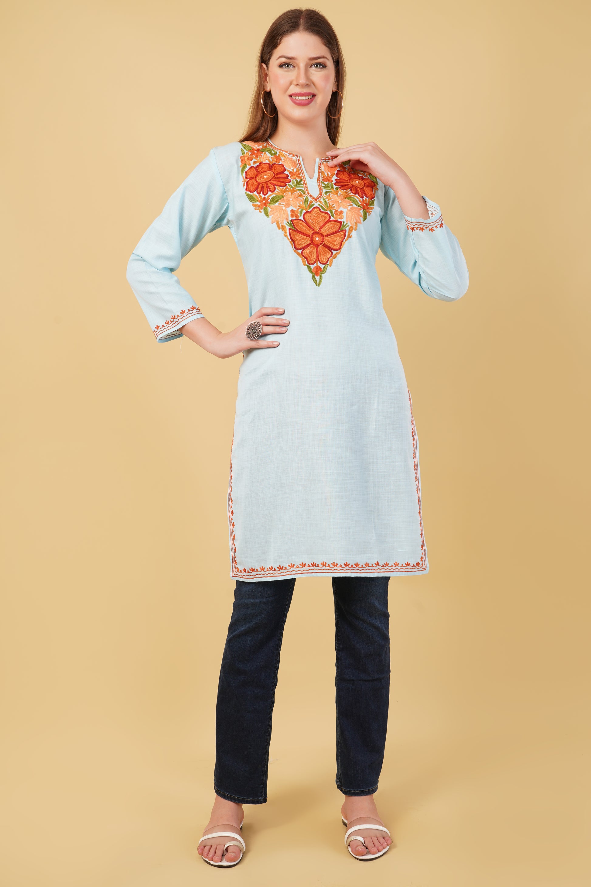 Kashmiri Aari embroidery Cotton Long Kurti Size-42 (Sky Blue)