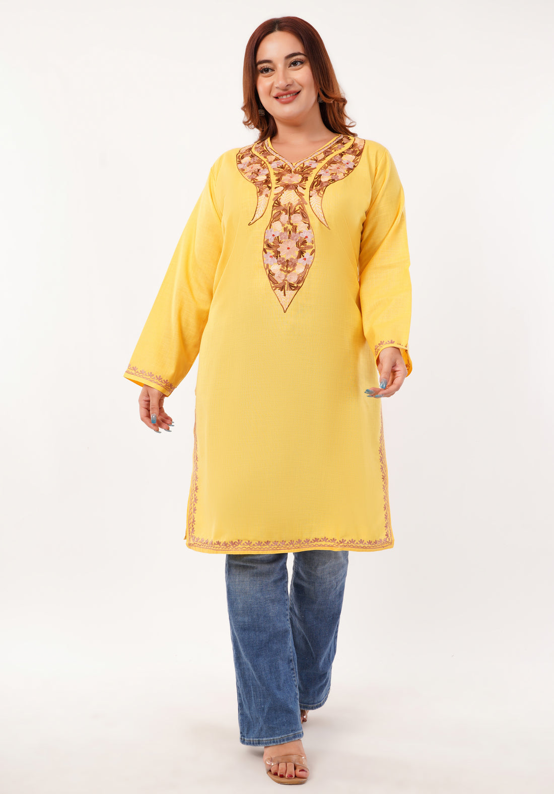 Kashmiri Aari embroidery Cotton Long Kurti Size-46(Yellow)