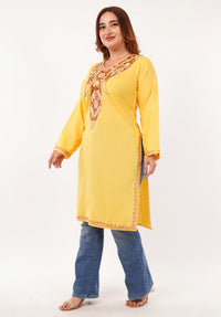 Kashmiri Aari embroidery Cotton Long Kurti Size-46(Yellow)