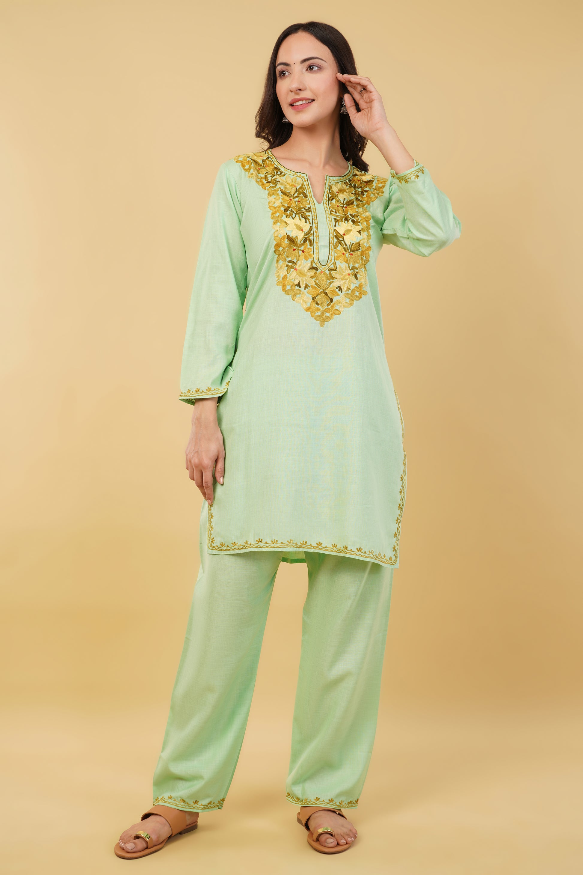 Kashmiri Aari embroidery Cotton Co-ord set Size-36 (Green)