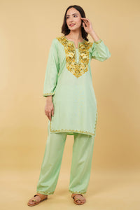 Kashmiri Aari embroidery Cotton Co-ord set Size-36 (Green)