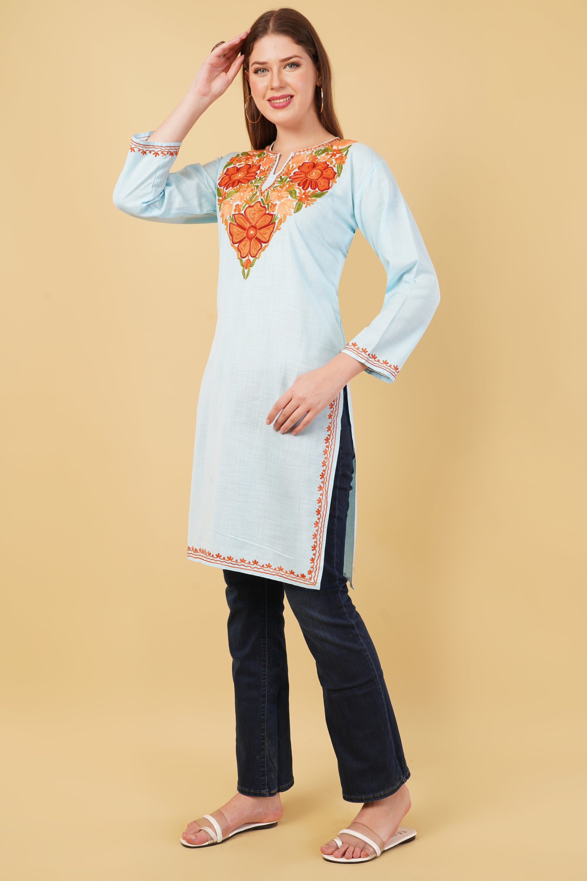 Kashmiri Aari embroidery Cotton Long Kurti Size-42 (Sky Blue)
