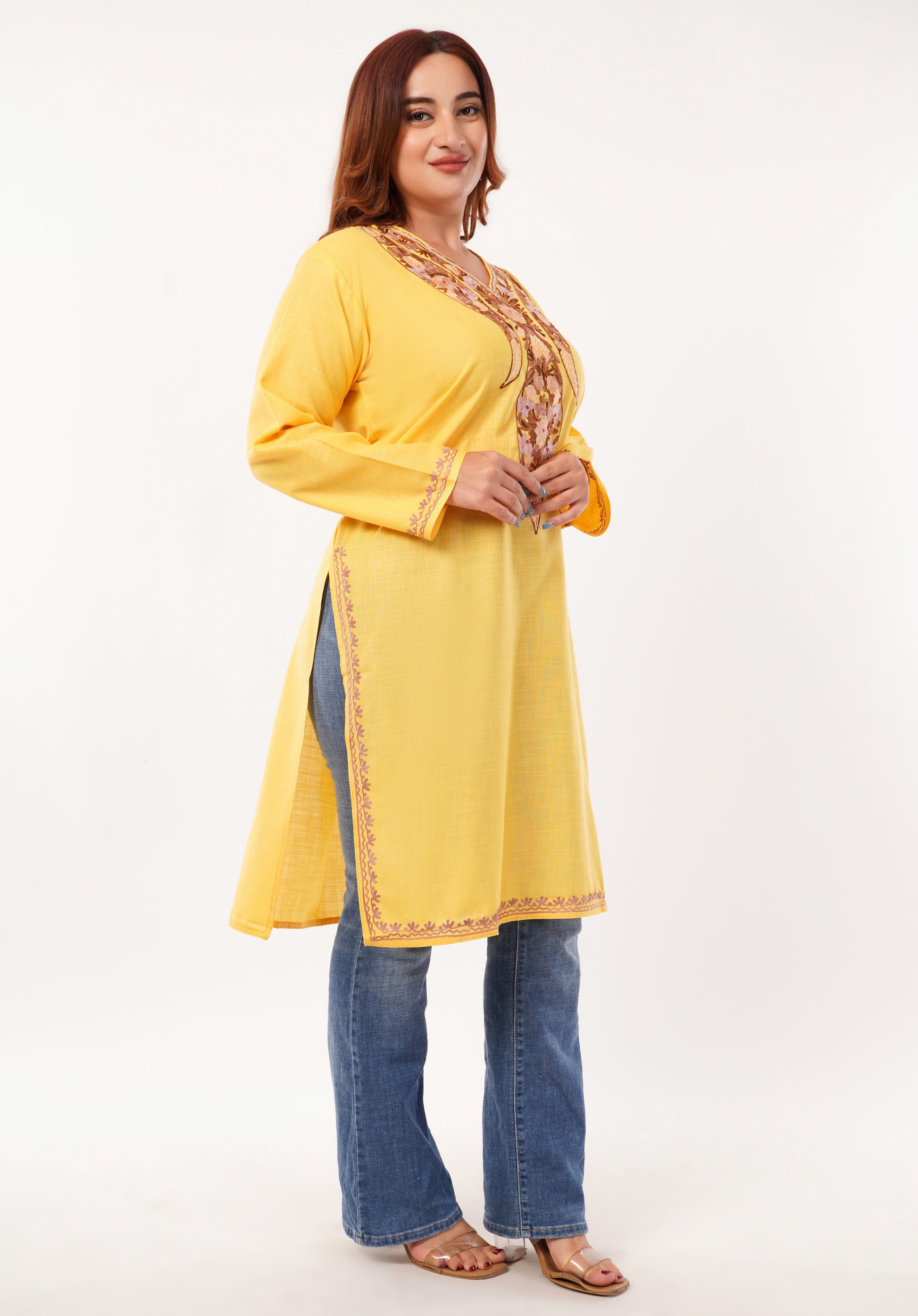 Kashmiri Aari embroidery Cotton Long Kurti Size-46(Yellow)