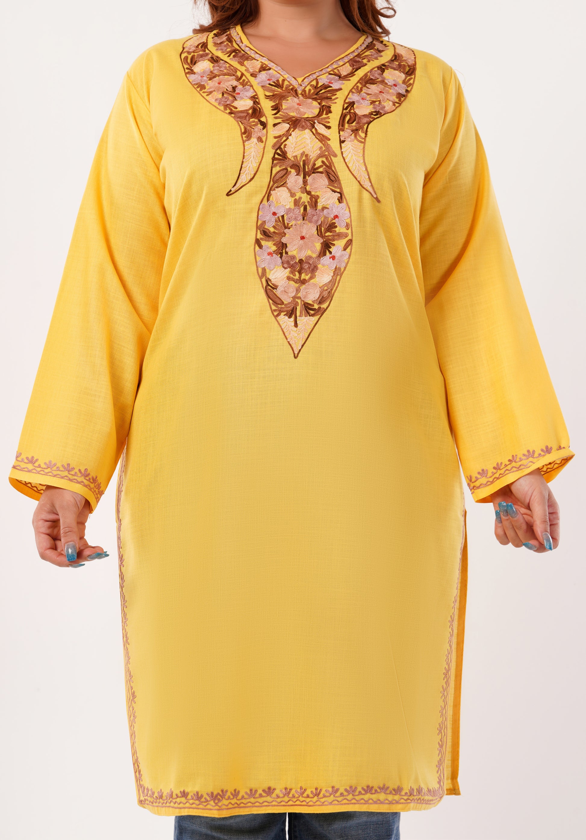 Kashmiri Aari embroidery Cotton Long Kurti Size-46(Yellow)