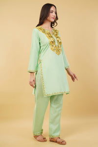 Kashmiri Aari embroidery Cotton Co-ord set Size-36 (Green)