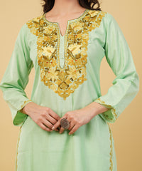 Kashmiri Aari embroidery Cotton Co-ord set Size-36 (Green)