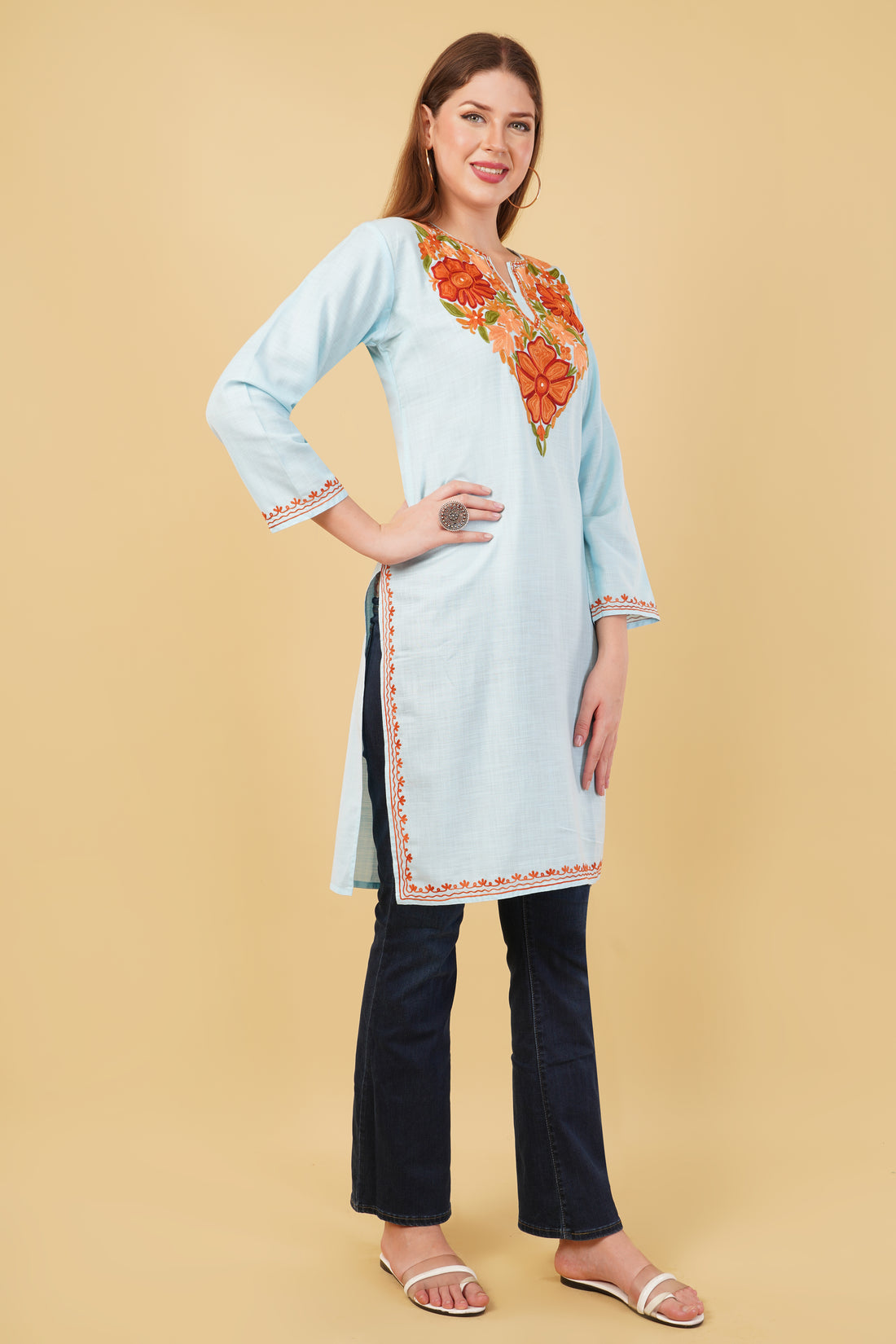 Kashmiri Aari embroidery Cotton Long Kurti Size-42 (Sky Blue)