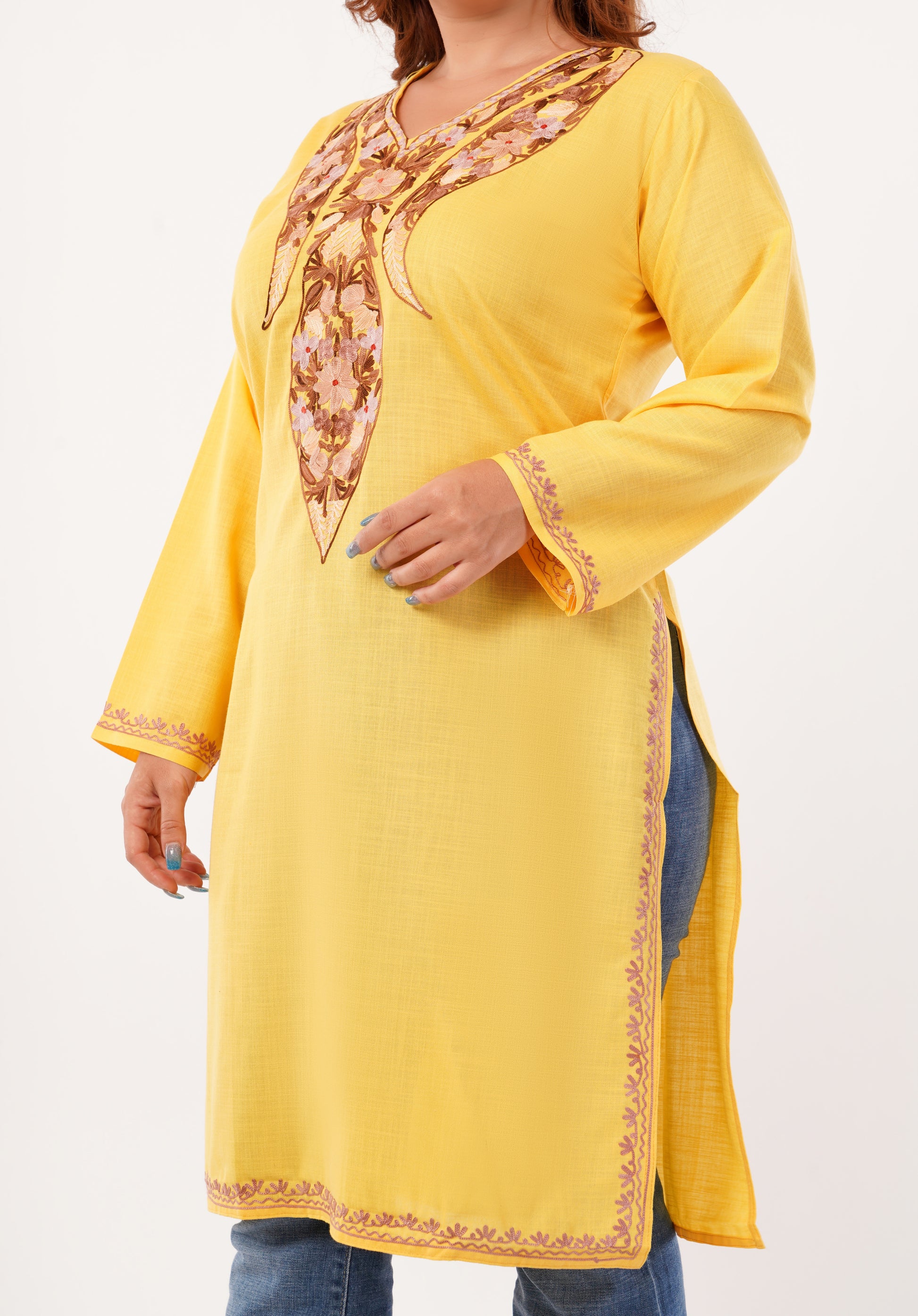 Kashmiri Aari embroidery Cotton Long Kurti Size-46(Yellow)